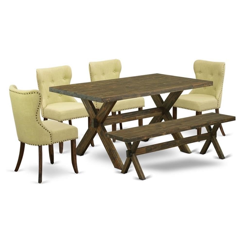 East West Furniture X776Si737-6 6 Piece Kitchen Table Set Contains A Rectangle Dining Table With X-Legs And 4 Limelight Linen Fabric Parson Chairs With A Bench, 36X60 Inch, Multi-Color